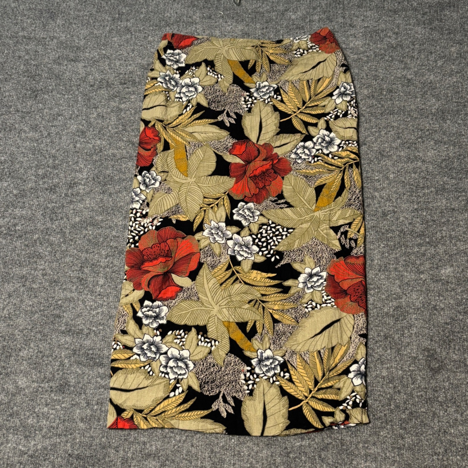 Rafaella Vintage Tropical Floral Rayon Midi Skirt Women's Size 6 Black Red Green